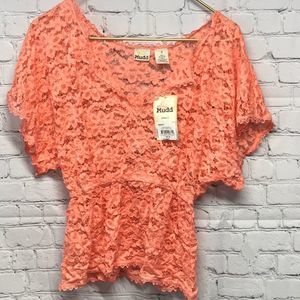 Stretch lace orange/coral NWT flutter sleeve Small